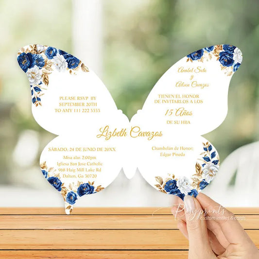 royal blue and gold birthday butterfly invitations RPS43 - Rosy Prints