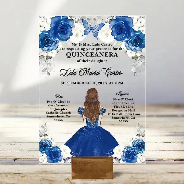 Royal blue butterfly acrylic quinceanera invitations ROSYA58 - Rosy Prints