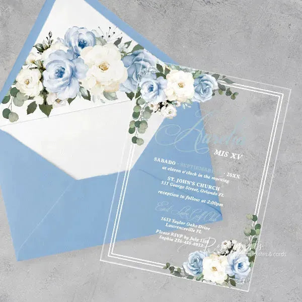 light blue Spanish acrylic quinceanera invitations ROSYA57