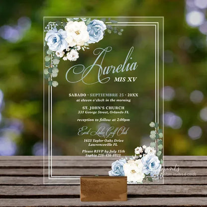 light blue Spanish acrylic quinceanera invitations ROSYA57