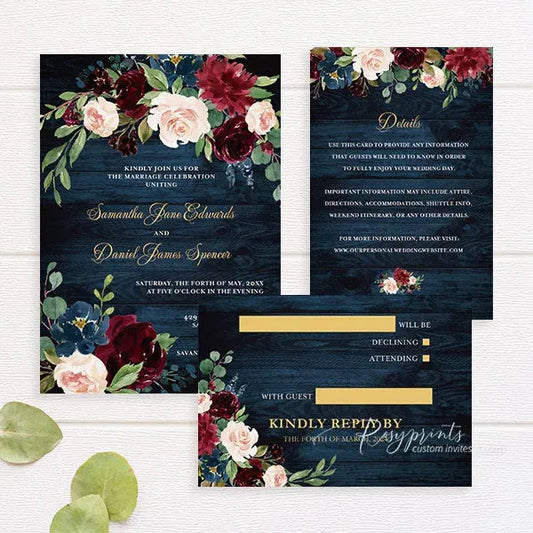 rustic navy blue and burgundy wedding invitations RPFLAT04