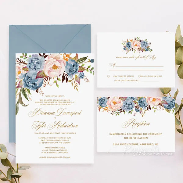 rustic dusty blue and blush pink pastel Wedding Invitations RPS38 - Rosy Prints