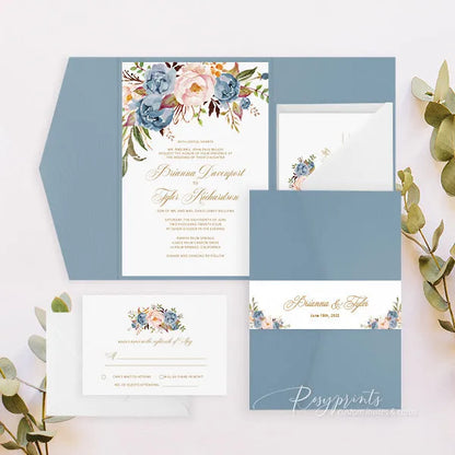 rustic dusty blue and blush pink pastel Wedding Invitations RPS38 - Rosy Prints