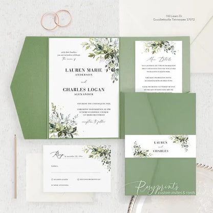 rustic green pocket wedding invitations ROSYP06 - Rosy Prints