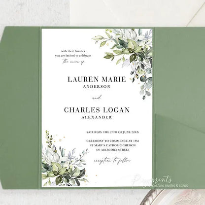 rustic green pocket wedding invitations ROSYP06 - Rosy Prints