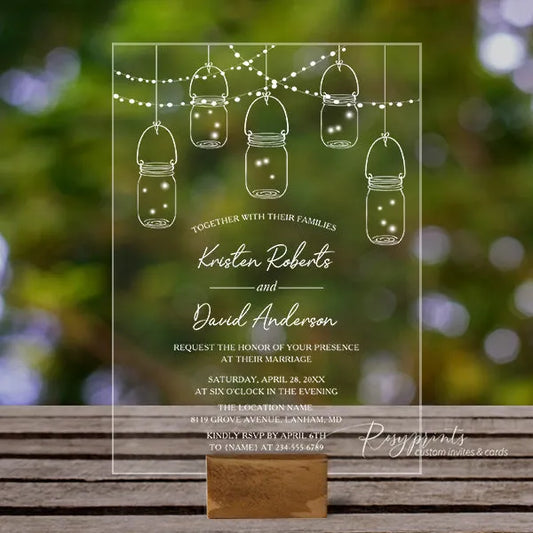 rustic mason jar string lights acrylic wedding invitations ROSYA101 - Rosy Prints