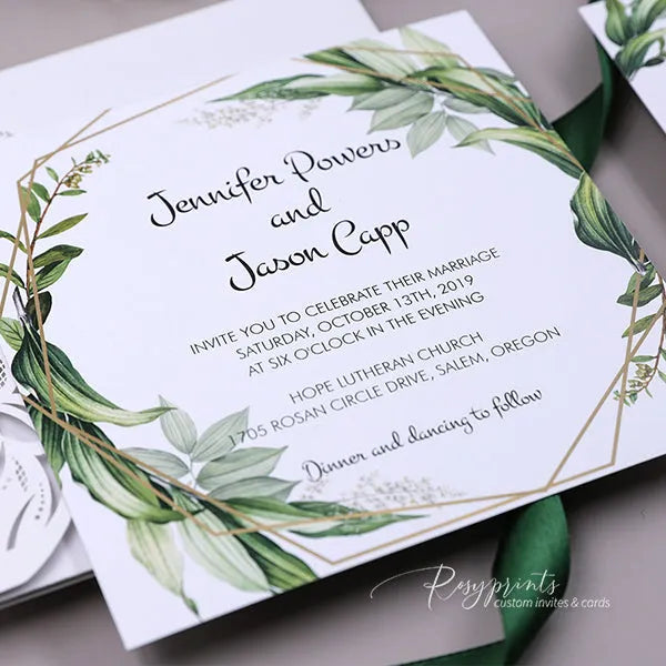 sage green and white pocket wedding invitations ROSYP46