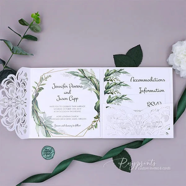 sage green and white pocket wedding invitations ROSYP46