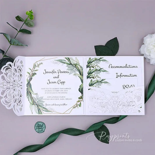 sage green and white pocket wedding invitations ROSYP46 - Rosy Prints