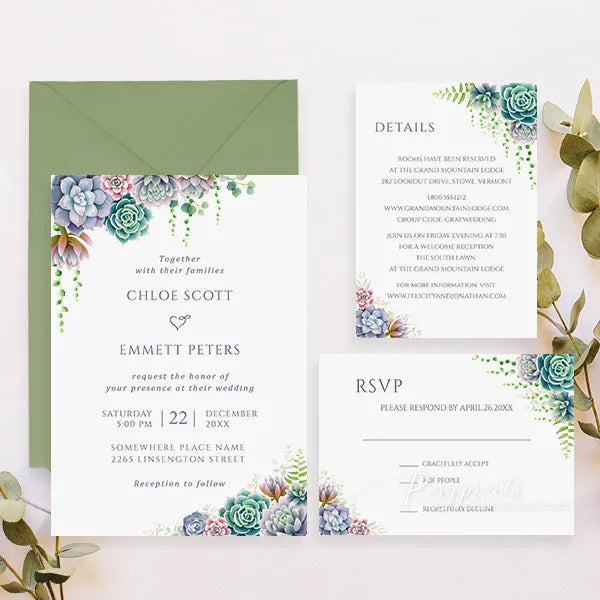 Rustic purple and green succulent wedding invitations