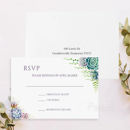 Rustic purple and green succulent wedding invitations