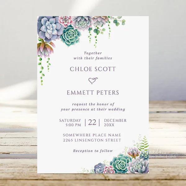 Rustic purple and green succulent wedding invitations