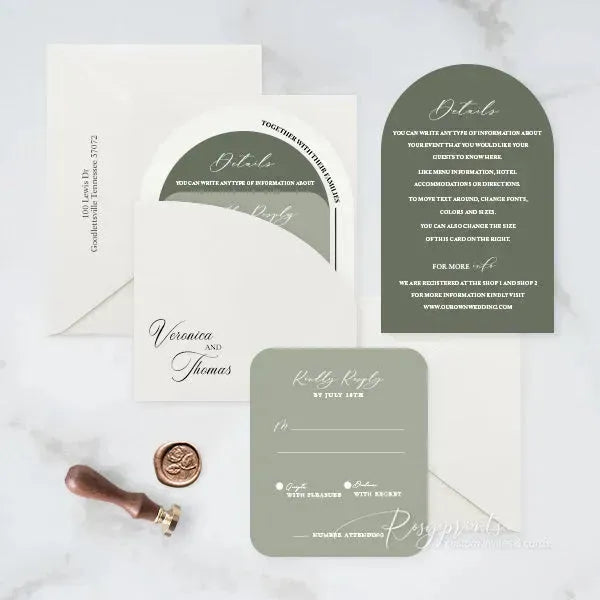 sage green arched pockets wedding invitations RPS09 - Rosy Prints