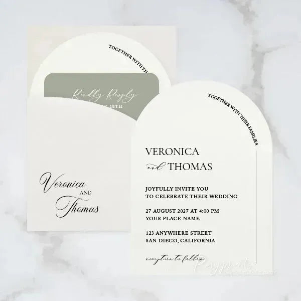 sage green arched pockets wedding invitations RPS09 - Rosy Prints