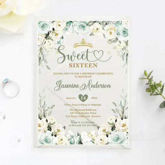 sage green quince invitations acrylic sweet 16 ROSYA65