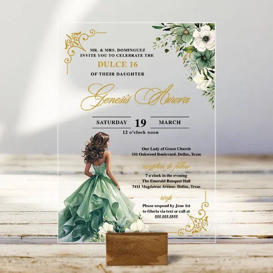 enchanted forest green acrylic sweet 16 party invitations ROSYA86