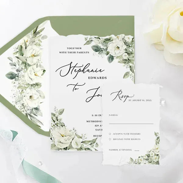 sage green white deckled edge wedding invitations ROSYD16