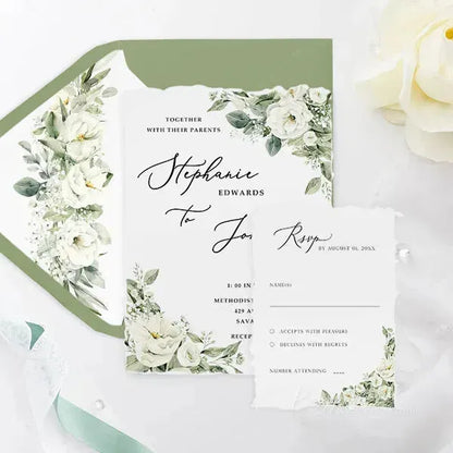 sage green white deckled edge wedding invitations ROSYD16