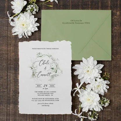 sage green wreath deckled edge wedding invitations ROSYD15 - Rosy Prints