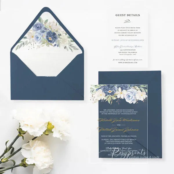 shades of blue floral acrylic wedding invitations ROSYA25