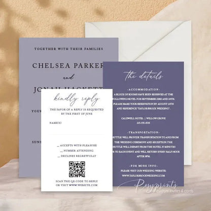 minimalist purple stacked wedding invitations RPS15 - Rosy Prints