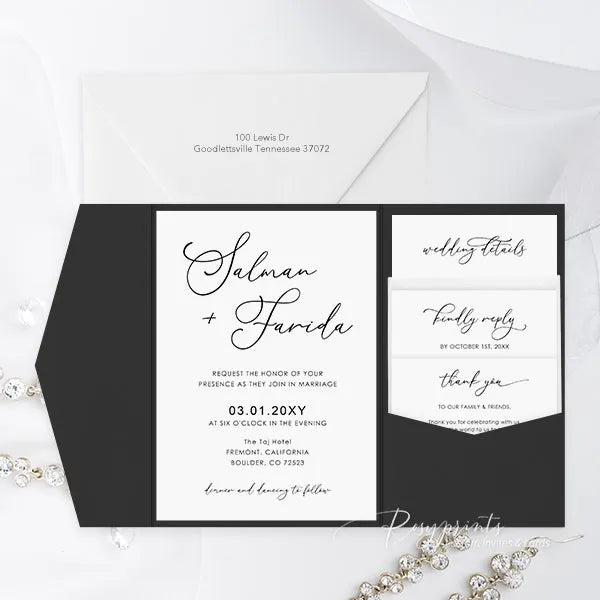 affordable black and white pocket wedding invitations ROSYP07 - Rosy Prints