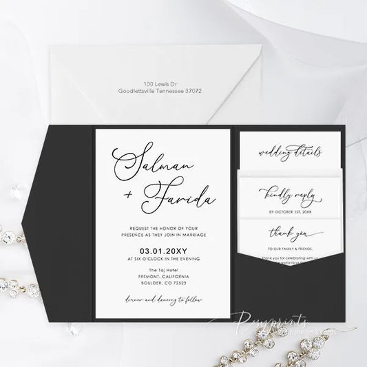 affordable black and white pocket wedding invitations ROSYP07