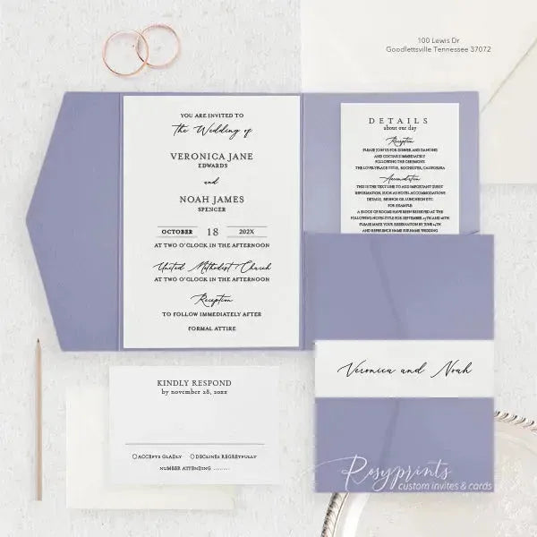 simple elegant purple pocket wedding invitations ROSYP14 - Rosy Prints