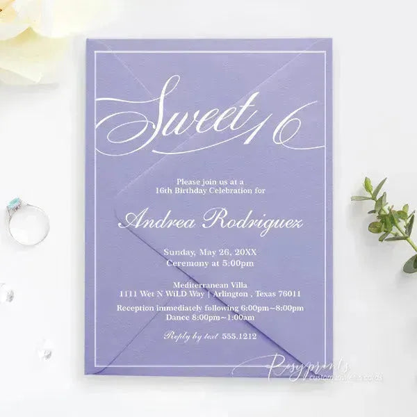 calligraphy purple acrylic sweet 16 invitations ROSYA16 - Rosy Prints