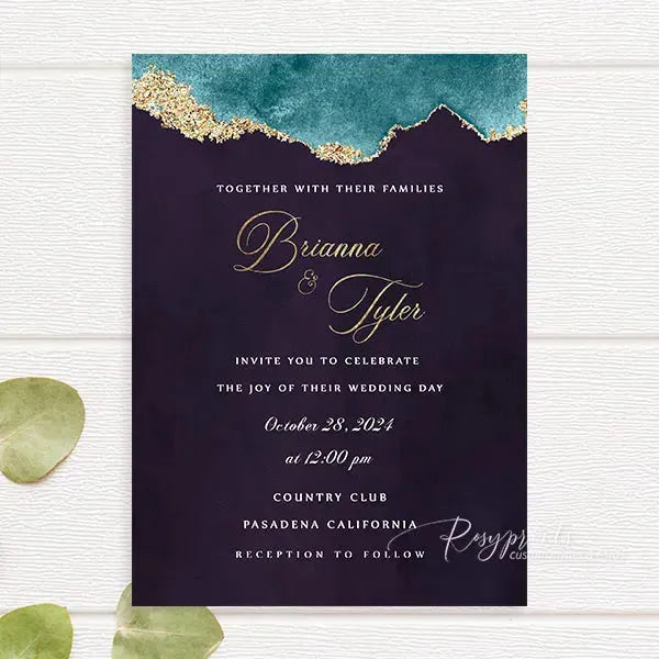 dark purple teal gold agate wedding invitations RPFLAT02 - Rosy Prints