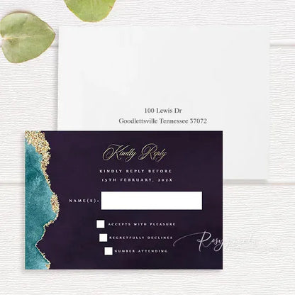 dark purple teal gold agate wedding invitations RPFLAT02 - Rosy Prints