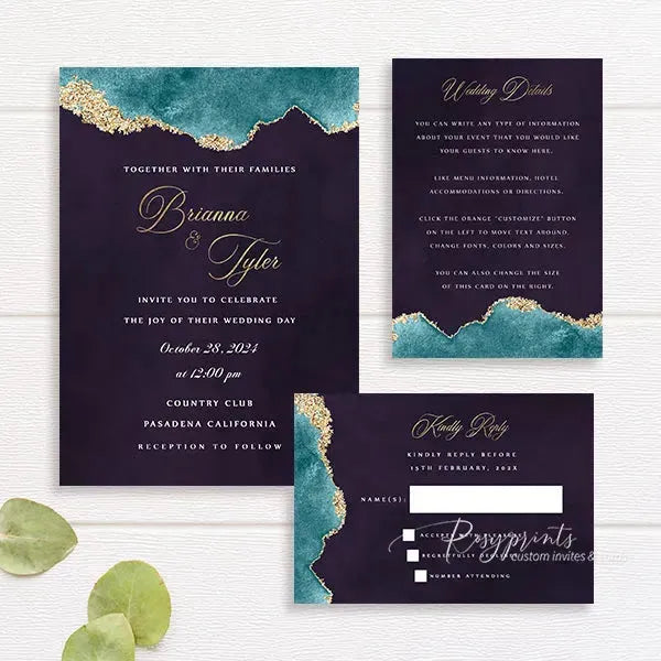 dark purple teal gold agate wedding invitations RPFLAT02 - Rosy Prints