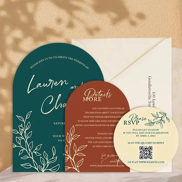 teal and rust arched wedding invitations RPS12