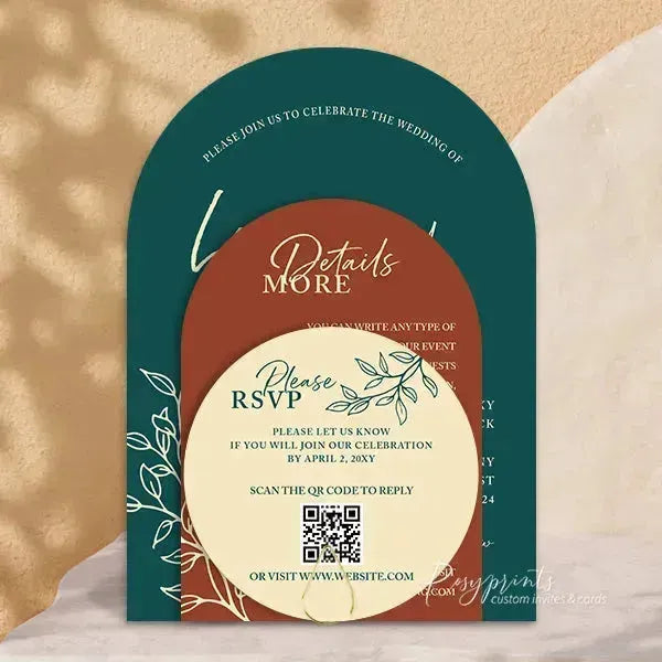 teal and rust arched wedding invitations RPS12