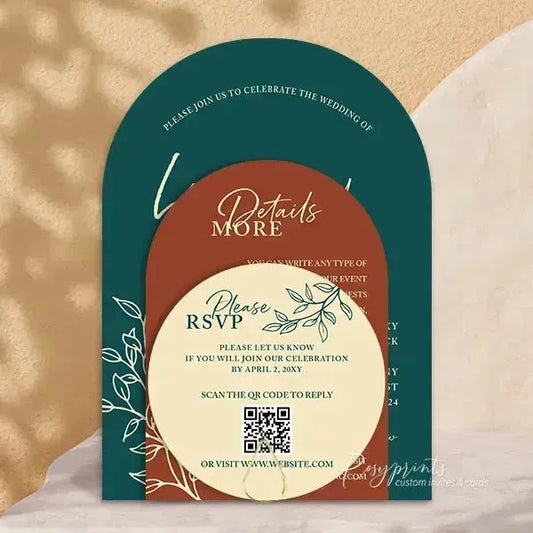 teal and rust arched wedding invitations RPS12 - Rosy Prints