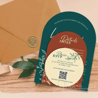 teal and rust arched wedding invitations RPS12