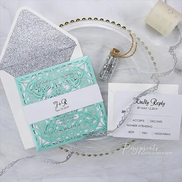 elegant tiffany wedding invitations with silver glitter 