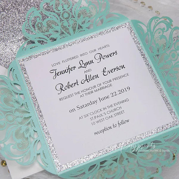 elegant tiffany wedding invitations with silver glitter 