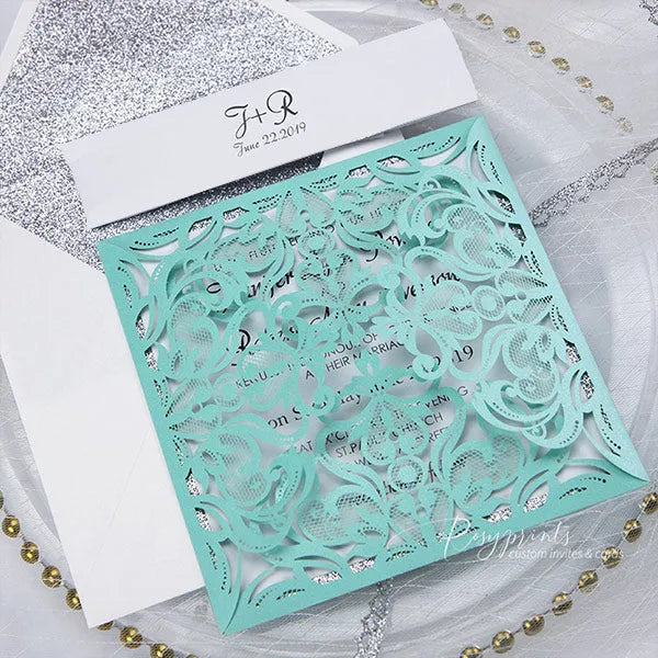 elegant tiffany wedding invitations with silver glitter 