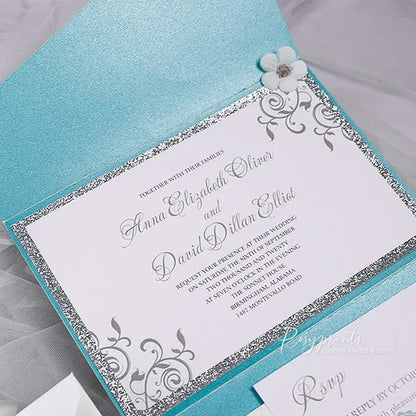 teal turquoise and silver glitter gray wedding invitations