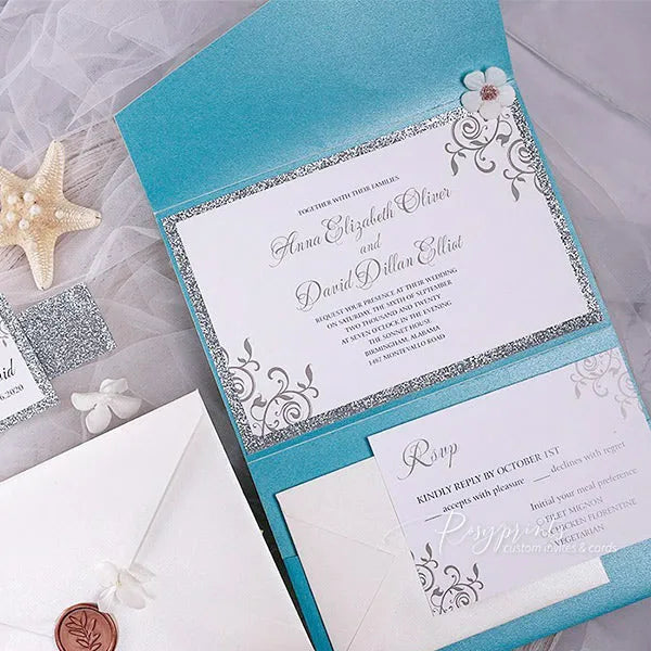 teal turquoise and silver glitter gray wedding invitations