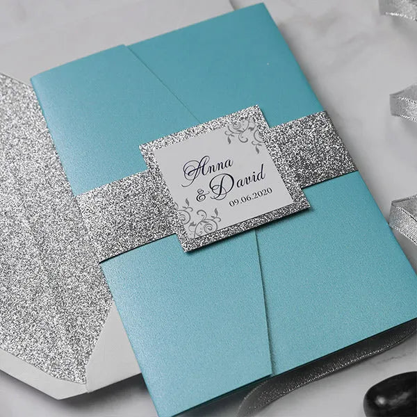 teal turquoise and silver glitter gray wedding invitations