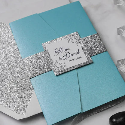 teal turquoise and silver glitter gray wedding invitations