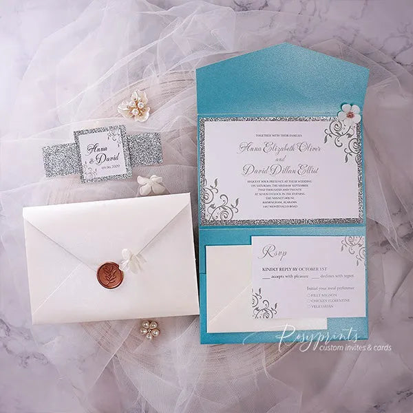 teal turquoise and silver glitter gray wedding invitations