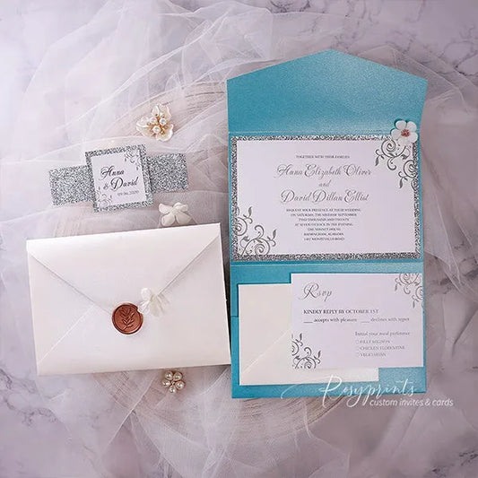 teal turquoise and silver glitter gray wedding invitations ROSYP60 - Rosy Prints