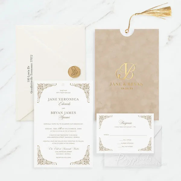 beige vintage wedding invitations with foil velvet pocket