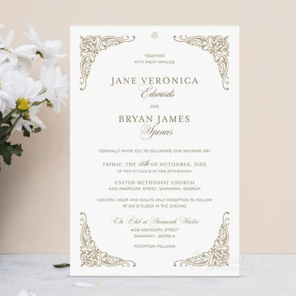 beige vintage wedding invitations with foil velvet pocket