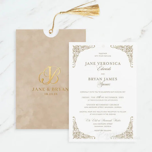 beige vintage wedding invitations with foil velvet pocket