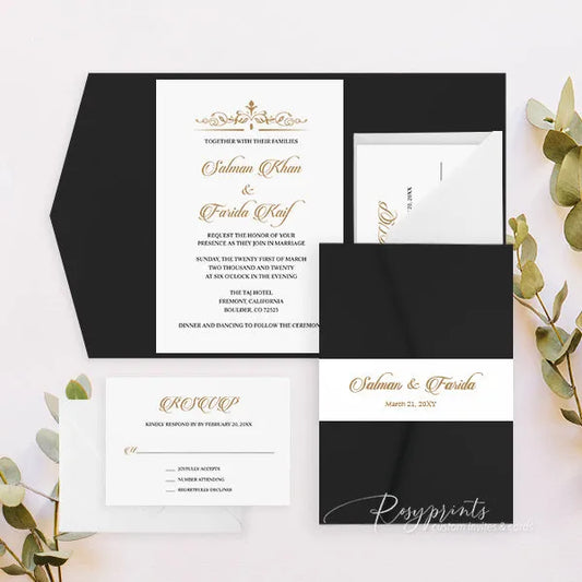 vintage black gold white pocket wedding invitations RPS40 - Rosy Prints