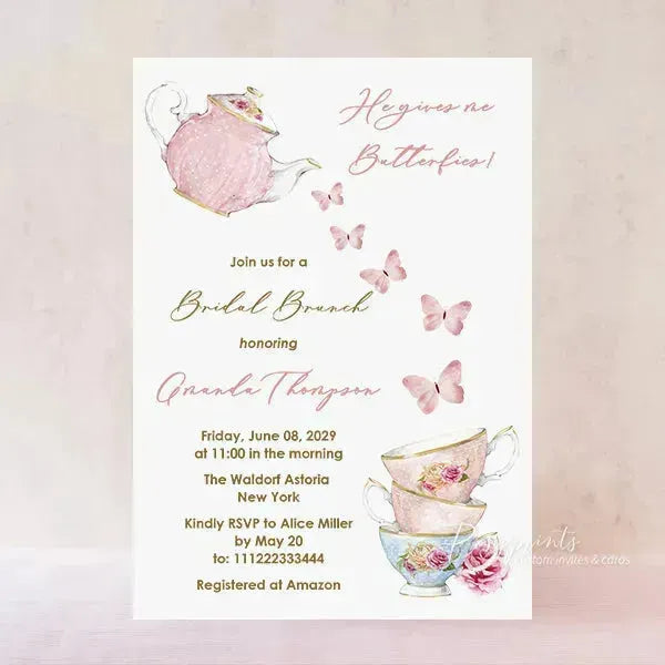 Vintage Tea Party Butterfly Bridal Shower Invitations RPB02 - Rosy Prints